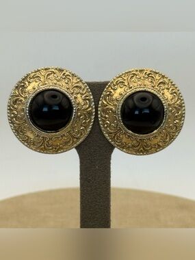 Vintage Ellen designs Gold Ornate Cabochon Earrings with Black Center